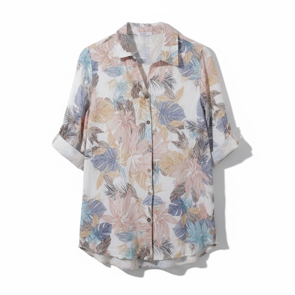 Rosemarine Linen Floral Shirt Dress Button Front Roll Tab Italy Size M - Picture 2 of 11